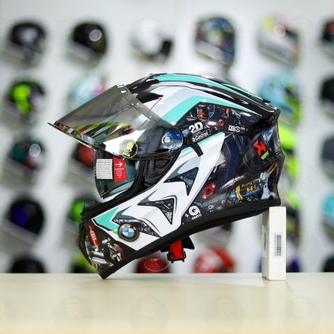 Mũ EGO E81 Đen Bóng + Dán Tem Decal BMW HP4 Trắng Xanh Ngọc FREESHIP