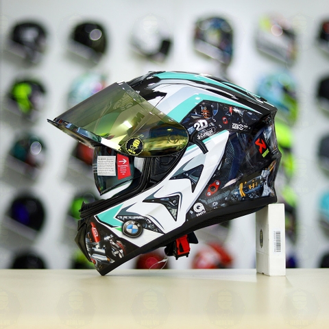 Mũ EGO E81 Đen Bóng + Dán Tem Decal BMW HP4 Trắng Xanh Ngọc FREESHIP