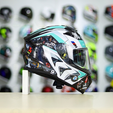 Mũ EGO E81 Đen Bóng + Dán Tem Decal BMW HP4 Trắng Xanh Ngọc FREESHIP