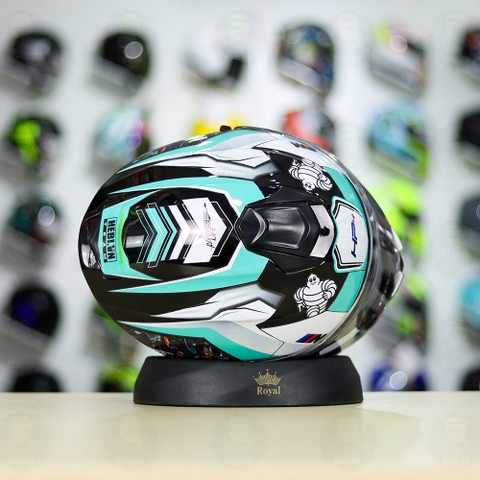 Mũ EGO E81 Đen Bóng + Dán Tem Decal BMW HP4 Trắng Xanh Ngọc FREESHIP