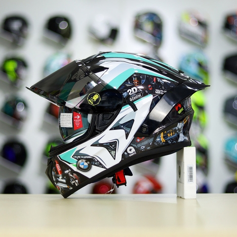 Full Combo Mũ EGO E81 Tem Decal BMW HP4 Trắng Xanh Ngọc FREESHIP