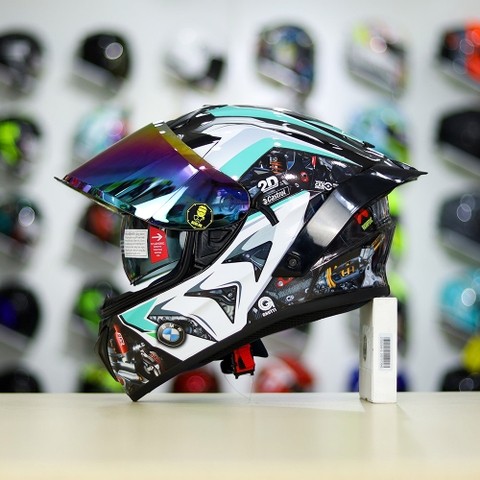 Full Combo Mũ EGO E81 Tem Decal BMW HP4 Trắng Xanh Ngọc FREESHIP