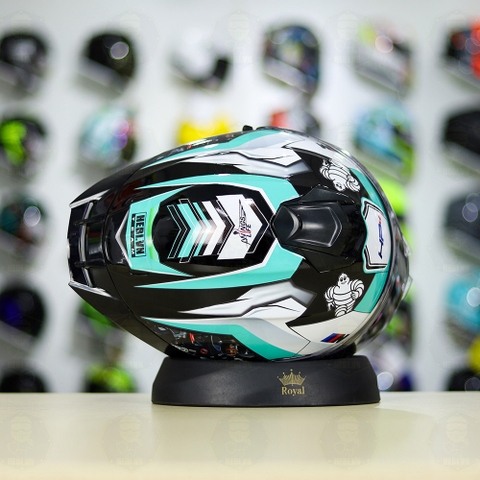 Full Combo Mũ EGO E81 Tem Decal BMW HP4 Trắng Xanh Ngọc FREESHIP