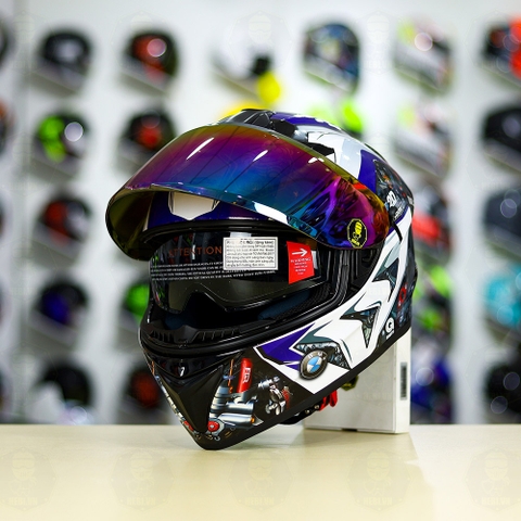 Mũ EGO E81 Đen Bóng + Dán Tem Decal BMW HP4 Trắng Xanh FREESHIP