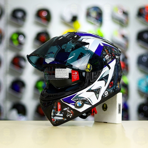 Mũ EGO E81 Đen Bóng + Dán Tem Decal BMW HP4 Trắng Xanh FREESHIP