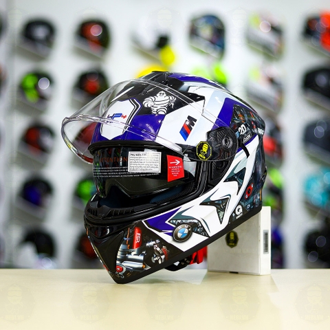 Mũ EGO E81 Đen Bóng + Dán Tem Decal BMW HP4 Trắng Xanh FREESHIP