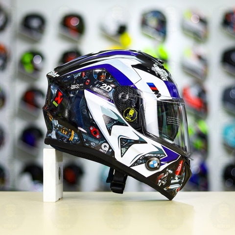 Mũ EGO E81 Đen Bóng + Dán Tem Decal BMW HP4 Trắng Xanh FREESHIP