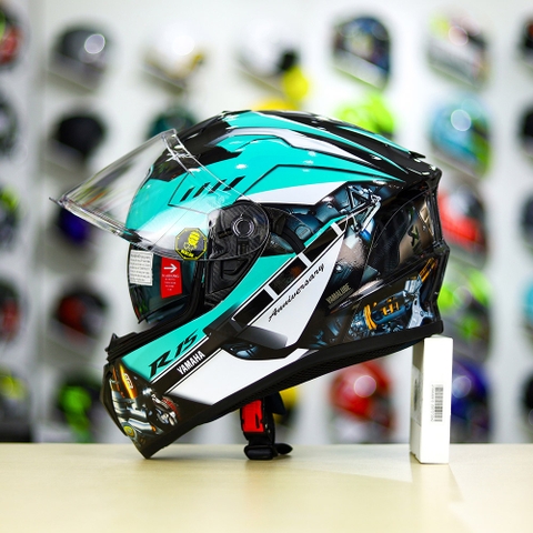 Mũ EGO E81 Đen Bóng + Tem Decal Yamaha R15 Xanh Ngọc Bích FREESHIP