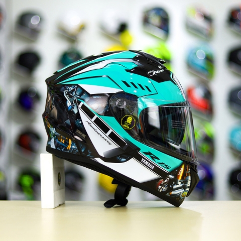 Mũ EGO E81 Đen Bóng + Tem Decal Yamaha R15 Xanh Ngọc Bích FREESHIP