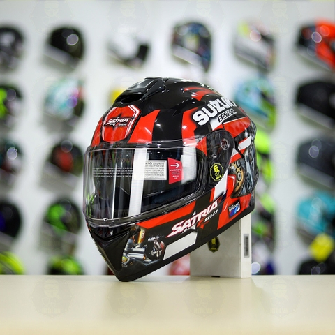 Mũ Fullface EGO E81 Đen Bóng + Dán Tem Decal Suzuki SATRIA Đen Đỏ FREESHIP