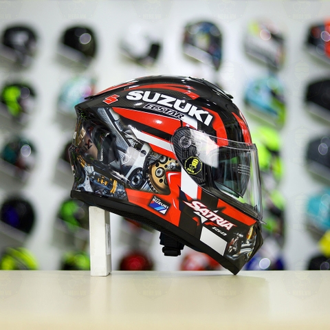 Mũ Fullface EGO E81 Đen Bóng + Dán Tem Decal Suzuki SATRIA Đen Đỏ FREESHIP
