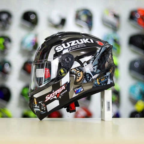 Mũ Fullface EGO E81 Đen Bóng + Dán Tem Decal Suzuki SATRIA Xám FREESHIP
