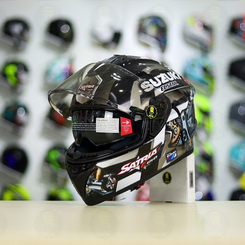 Mũ Fullface EGO E81 Đen Bóng + Dán Tem Decal Suzuki SATRIA Xám FREESHIP