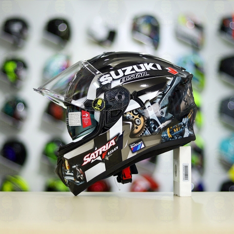 Mũ Fullface EGO E81 Đen Bóng + Dán Tem Decal Suzuki SATRIA Xám FREESHIP