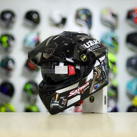 Mũ Fullface EGO E81 Đen Bóng + Dán Tem Decal Suzuki SATRIA Xám FREESHIP