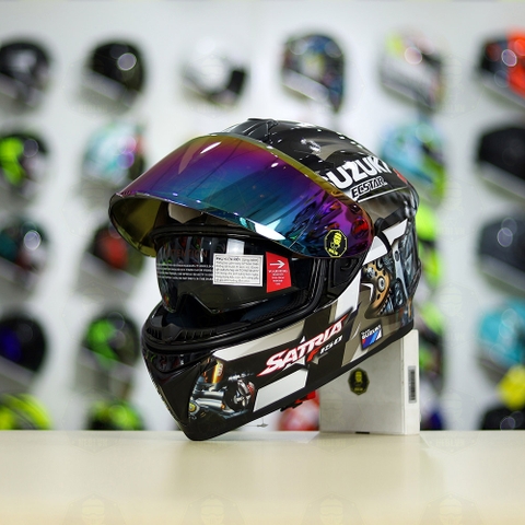 Mũ Fullface EGO E81 Đen Bóng + Dán Tem Decal Suzuki SATRIA Xám FREESHIP