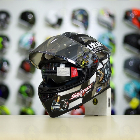 Mũ Fullface EGO E81 Đen Bóng + Dán Tem Decal Suzuki SATRIA Xám FREESHIP