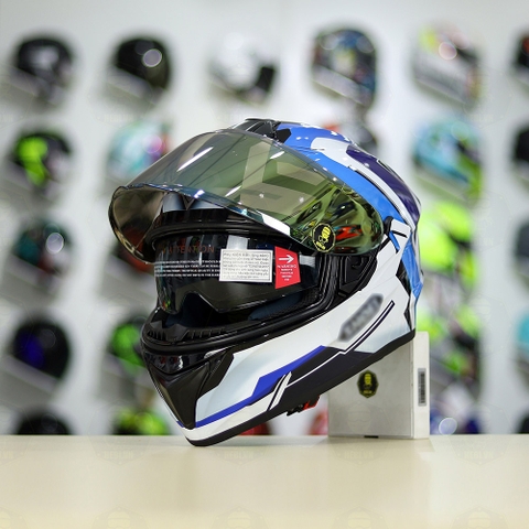 Mũ Fullface EGO E81 Đen Bóng + Dán Tem Decal Shoei Brink Trắng Xanh FREESHIP