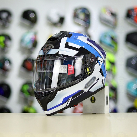 Mũ Fullface EGO E81 Đen Bóng + Dán Tem Decal Shoei Brink Trắng Xanh FREESHIP