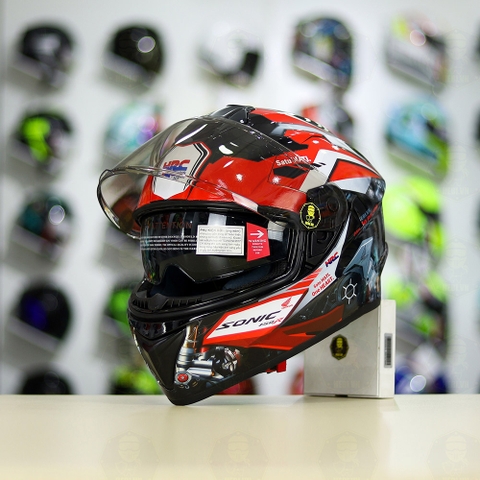 Mũ EGO E81 Đen Bóng + Dán Tem Decal Honda SONIC Trắng Đỏ FREESHIP