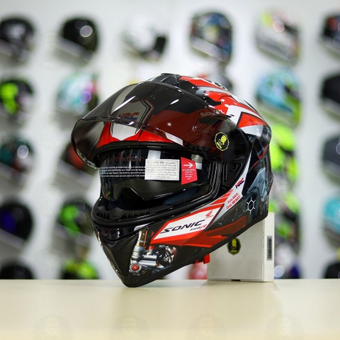 Mũ EGO E81 Đen Bóng + Dán Tem Decal Honda SONIC Trắng Đỏ FREESHIP