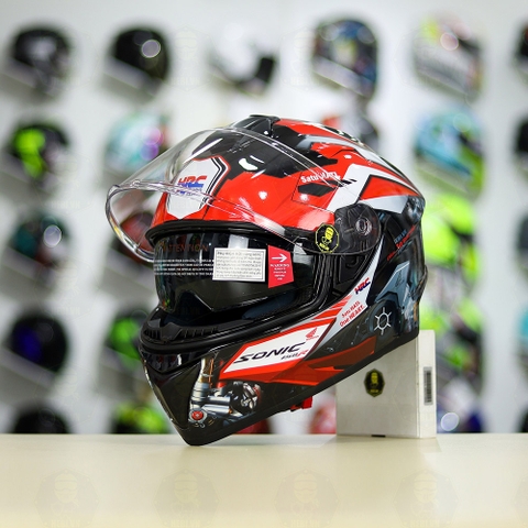 Mũ EGO E81 Đen Bóng + Dán Tem Decal Honda SONIC Trắng Đỏ FREESHIP