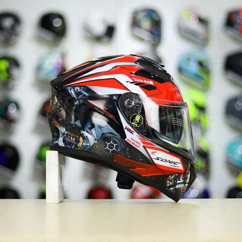 Mũ EGO E81 Đen Bóng + Dán Tem Decal Honda SONIC Trắng Đỏ FREESHIP