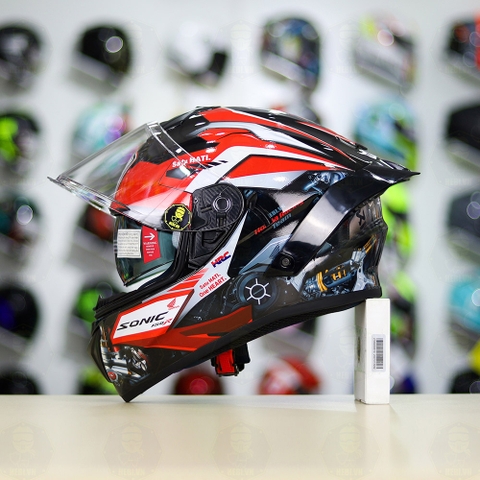Full Combo Mũ EGO E81 Tem Decal Honda Sonic Trắng Đỏ FREESHIP