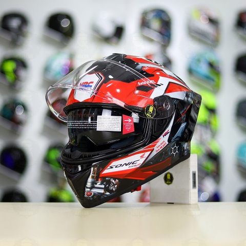 Full Combo Mũ EGO E81 Tem Decal Honda Sonic Trắng Đỏ FREESHIP