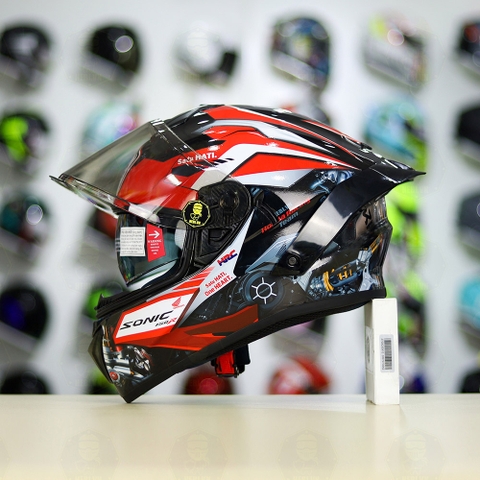 Full Combo Mũ EGO E81 Tem Decal Honda Sonic Trắng Đỏ FREESHIP