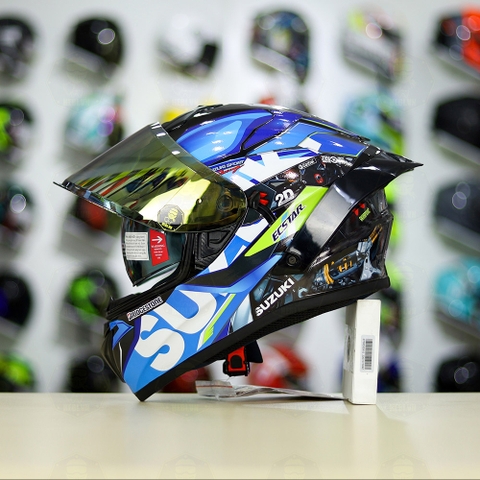 Full Combo Mũ EGO E81 Tem Decal SUZUKI ECSTAR Xanh Trắng Vàng FREESHIP