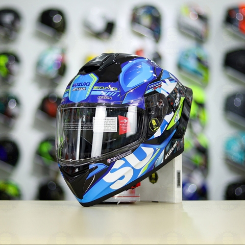 Full Combo Mũ EGO E81 Tem Decal SUZUKI ECSTAR Xanh Trắng Vàng FREESHIP