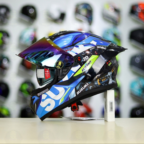 Full Combo Mũ EGO E81 Tem Decal SUZUKI ECSTAR Xanh Trắng Vàng FREESHIP