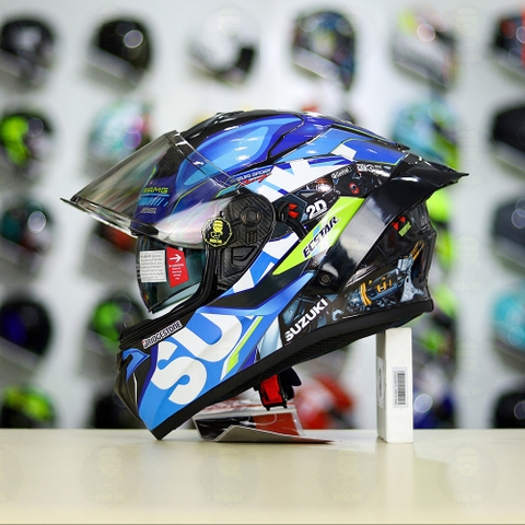 Full Combo Mũ EGO E81 Tem Decal SUZUKI ECSTAR Xanh Trắng Vàng FREESHIP