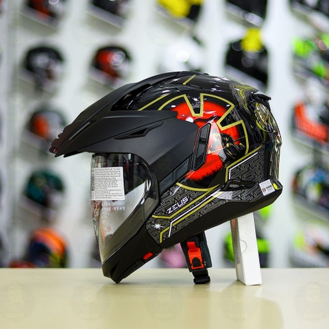 Full Bộ Mũ Zeus 613b + Mái Che + Hàm Samurai Đen Đỏ Bóng FREESHIP