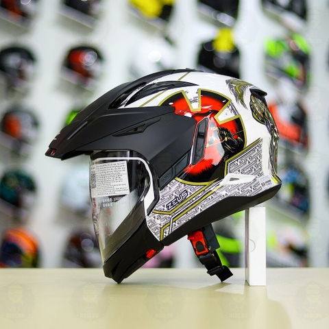 Full Bộ Mũ Zeus 613b + Mái Che + Hàm Samurai Trắng Đỏ Bóng FREESHIP