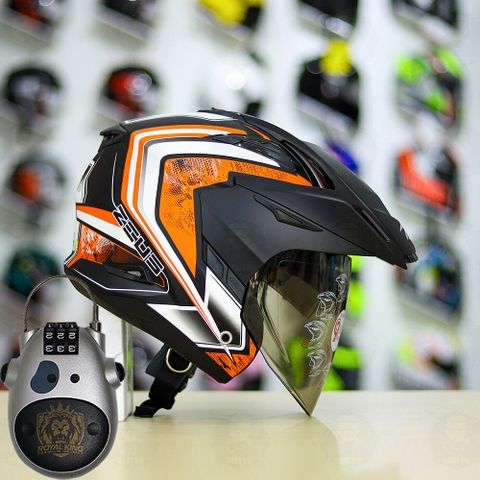 Combo Mũ 3/4 ZEUS 613b Trắng Cam Đen Nhám Độ Khóa Chống Trộm