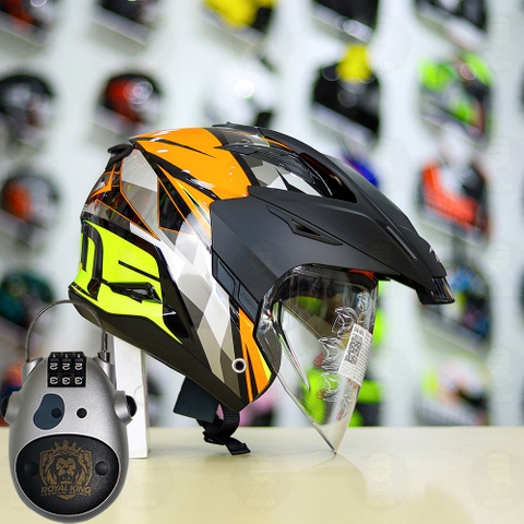 Combo Mũ 3/4 ZEUS 613b Xám Vàng Cam Bóng Độ Khóa Chống Trộm