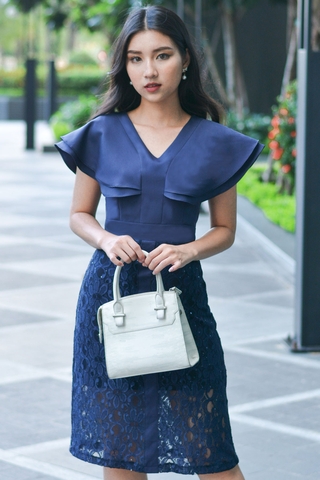 Classy Wing Sleeve Twinkle Lace Navy Dress