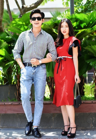 Couple Premium Color Cross Shirt & Pearl Belt Dress