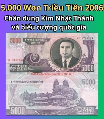 Tờ tiền 5.000 Won Triều Tiên 2006 – Chân dung Kim Nhật Thành và biểu tượng quốc gia