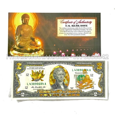 Tiền 2 USD in hình Đức Phật nhũ vàng