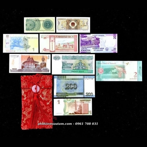 Bộ 10 tờ tiền 10 quốc gia trên thế giới tặng túi gấm