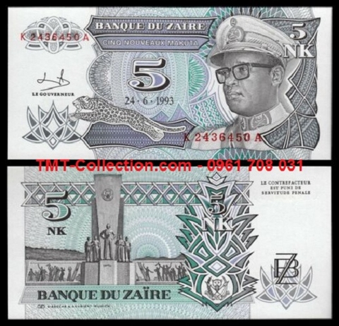 Zaire 5 Rikuta 1993 UNC (tờ)