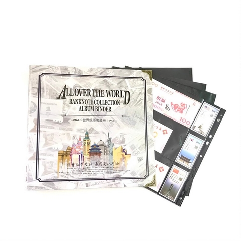 Album tiền quốc tế và 20 phơi tiền 3 ngăn đen đựng 120 tờ tiền