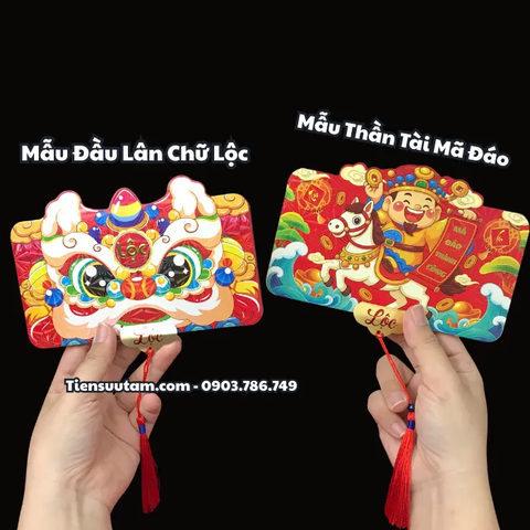 Bao lì xì 6 ngăn hình Đầu Lân và Bao lì xì 6 ngăn hình Thần Tài Mã Đáo