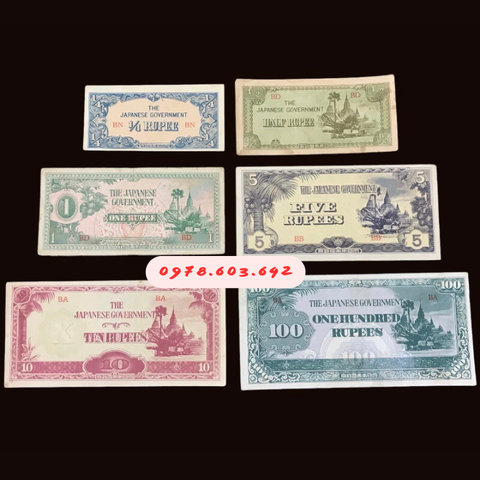 Bộ 6 Tờ Tiền Quân Đội Nhật Tại Myanmar 1942