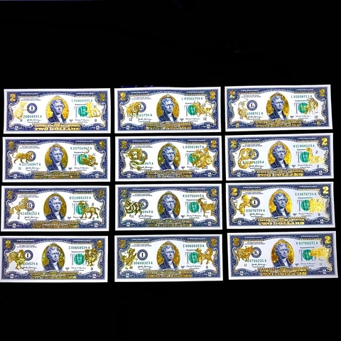 Bộ Tiền 2 USD in hình 12 Con Giáp 3D nhũ vàng