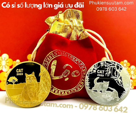 Cặp Xu Úc Hình Con Mèo Mạ Vàng Bạc tặng túi gấm lộc