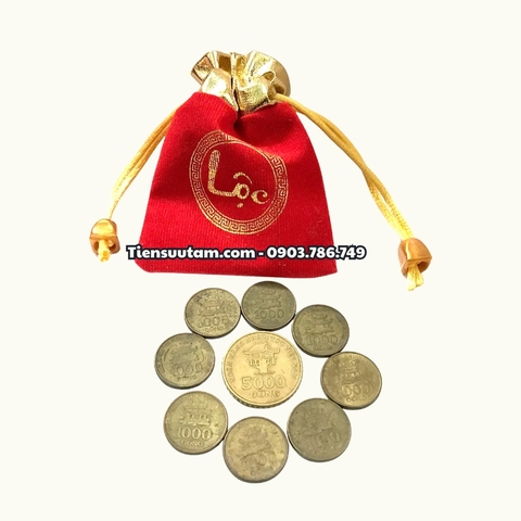 Combo phong thuỷ 1 xu 5.000, 8 xu 1.000 năm 2003 tặng kèm túi gấm lộc - SP008297